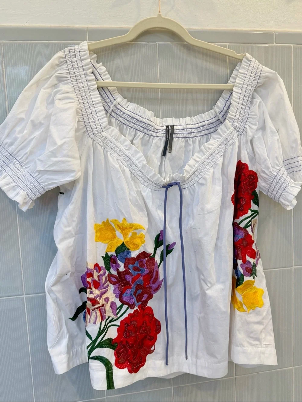 Anthropologie White Peasant Blouse with Multicolor Floral Embroidery NWOT